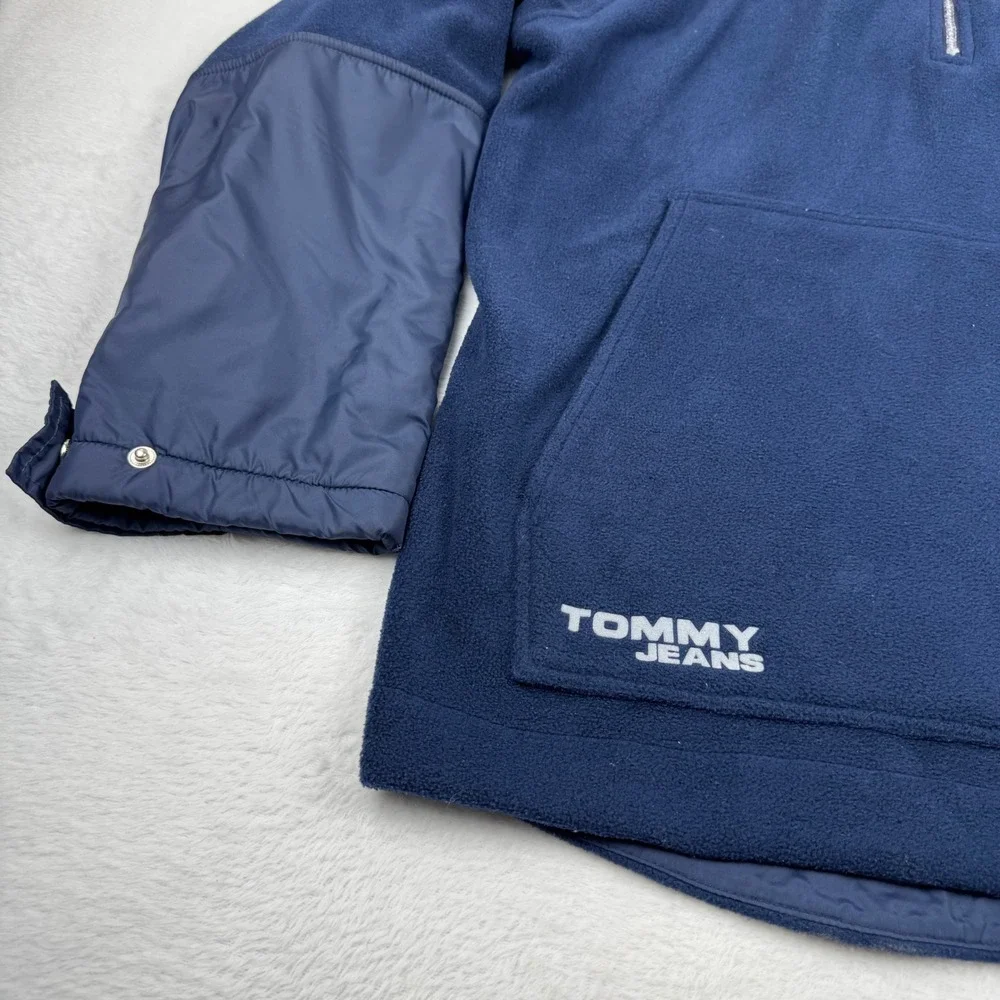 Vintage Tommy Jeans Fleece Pullover Mens Large Navy Blue 1/4 Zip Packable Hood